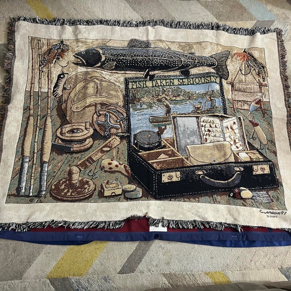 Vtg Sports Fishing Salmon tapestry blanket throw 97' tacklebox reel hooks lake
